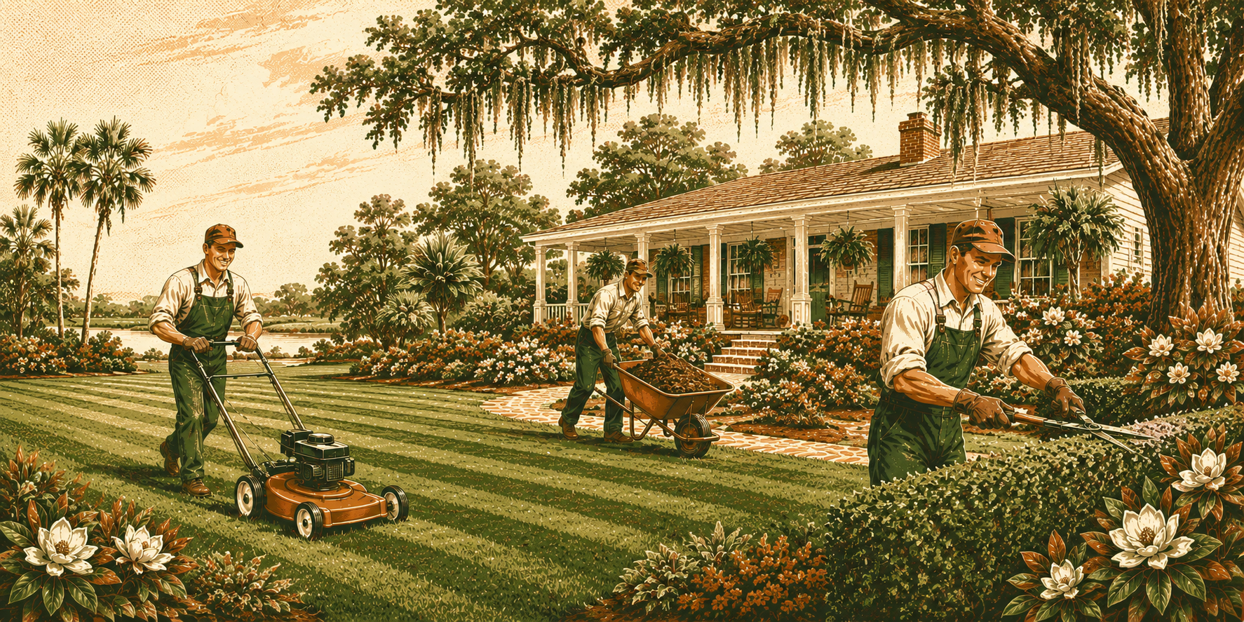 Illustrated landscaping crew at work in a Johns Island SC yard