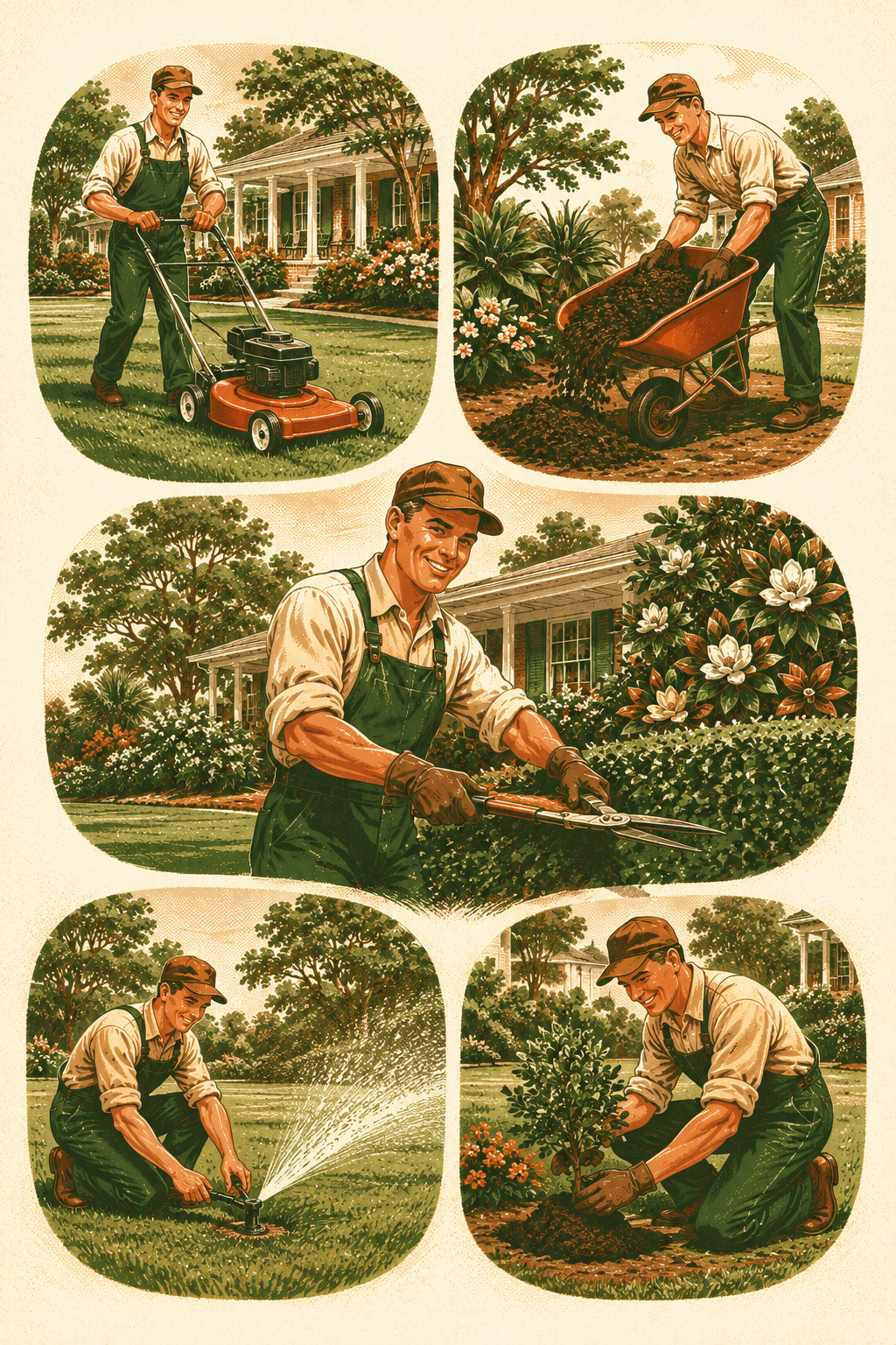 Illustrated overview of Great Garden Landscaping's core services — mowing, mulching, trimming, irrigation, and planting