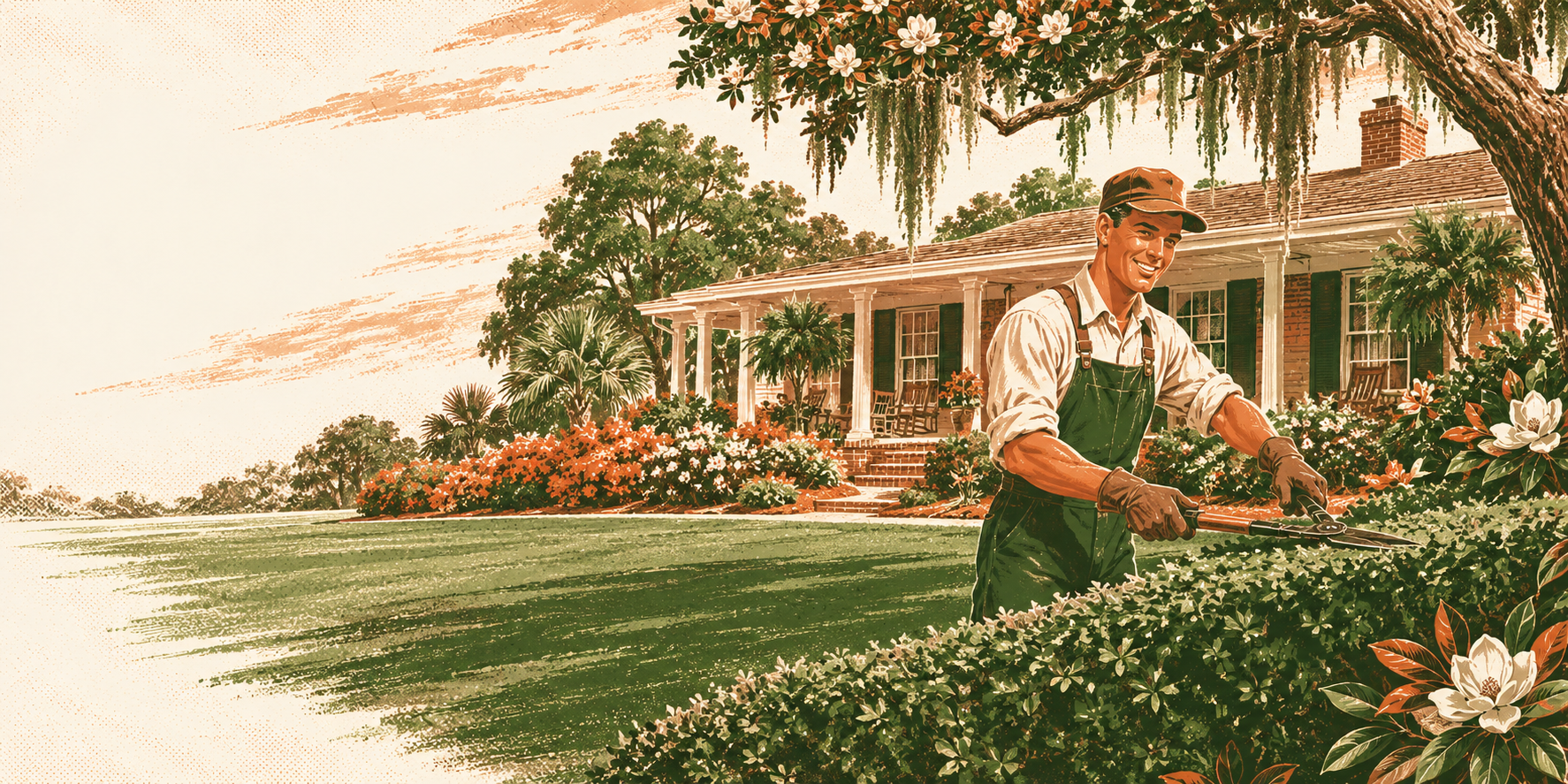 Illustrated Lowcountry yard scene representing Great Garden Landscaping's services in Johns Island, SC